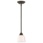 Livex Lighting - Livex Lighting 53850-07 Somerville - One Light Mini Pendant - Not quite contemporary, not fully traditional. IntSomerville One Light Bronze Satin Opal Wh *UL Approved: YES Energy Star Qualified: n/a ADA Certified: n/a  *Number of Lights: Lamp: 1-*Wattage:100w Medium Base bulb(s) *Bulb Included:No *Bulb Type:Medium Base *Finish Type:Bronze