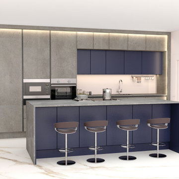 I-shaped Handleless Kitchen in Beton Ares and Marine Blue by Inspired Elements