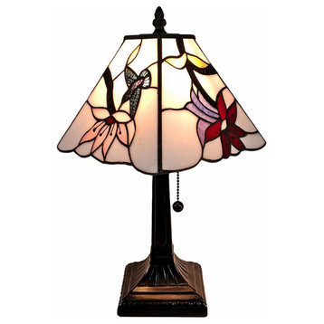 15" Tiffany Style Red Floral Hummingbird Table Lamp