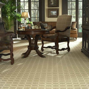 Sophisticated Den with Patterned Carpet