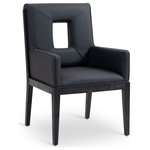 Meridian Furniture - Gwendolyn Upholstered Dining Arm Chair, Black, Vegan Leather, Black Finish - A masterpiece of modern elegance and comfort, the Gwendolyn black vegan leather dining armchair is where modern design meets timeless charm. Designed with comfort in mind, it features a high back and luxurious cushioning, perfect for long dinners or lively gatherings. The black wood frame adds a rustic touch, effortlessly balancing the contemporary fabric with a hint of warmth and tradition.