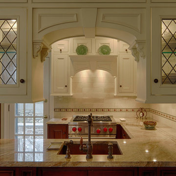 Nacarado Quartzite Kitchen and Stunning Slab Carrara Shower