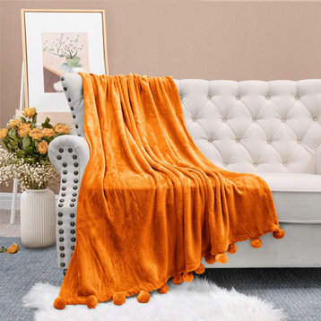 Pom Pom Flannel Fleece Throw Blanket, Burnt Orange, 50" X 60"