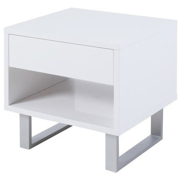 Benzara BM184965 Storage End Table With Metallic Base, Glossy White