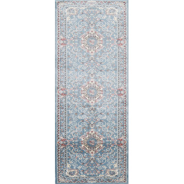 Light Blue Floral Medallion Transitional Turkish Rug Oriental Carpet 3x8