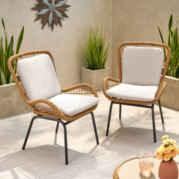 Alice Outdoor Wicker Club Chair With Cushions, Set of 2, Brown