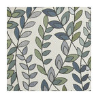 Blue, Green and Off White, Vines and Leaves Upholstery Fabric By The Yard