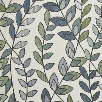 Blue, Green and Off White, Vines and Leaves Upholstery Fabric By The Yard