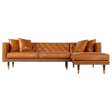 Kardiel Woodrow Neo Classic Sofa Sectional, Tan/Walnut, Right Facing