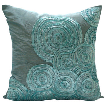 Blue Art Silk Throw Pillows 20"x20" Throw Pillow Cover, Sequins, Morning Dew