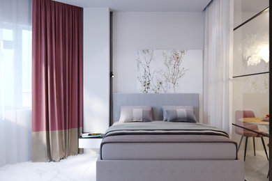 他の地域にあるコンテンポラリースタイルのおしゃれな客用寝室 (白い壁、磁器タイルの床、白い床)