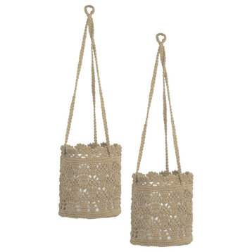 Modé Crochet 8" x 8" x 8" Hanging Baskets (Set of 2), Tan