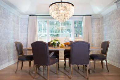 Enclosed dining room - mid-sized transitional light wood floor and brown floor enclosed dining room idea in Los Angeles with white walls and no fireplace