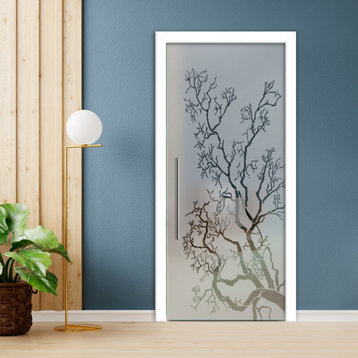 Glass Sliding Pocket Door With Frosted Design, 32"x80", Semi Private, T Handle