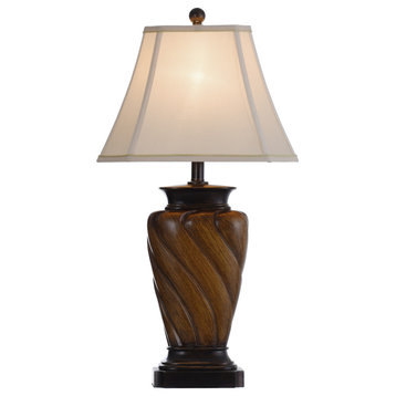 Classic Table Lamp With Toffee Wood Finish and Rectangle Cut Corner Bell Shade