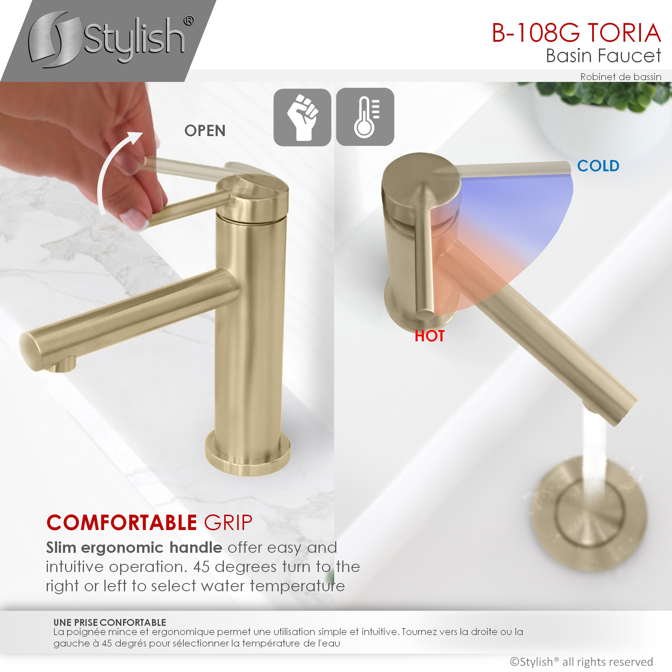 STYLISH Single Handle Modern Bathroom Faucet Basin Sink Faucet, Gold Finish