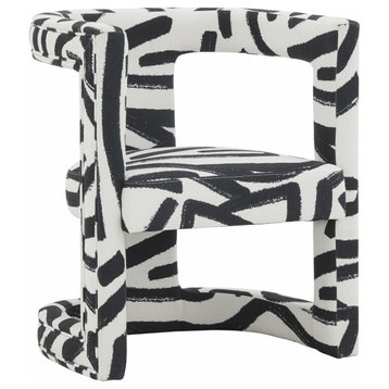 Ada Velvet Chair in Black Brushstroke Pattern, Black and White