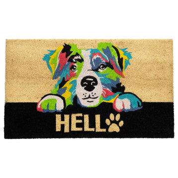 Ivory and Black "Hello" Multicolor Dog Outdoor Coir Doormat 18" x 30"