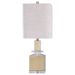 Harp and Finial - Ronda Table Lamp Brass Metal Finish with Crystal Center Piece - The Ronda table lamp uses mixed materials to create a bold contemporary inspired look for the elegant home. Made with brass metal finish touches around a crystal centerpiece and base, this lamp is topped with a cream linen square hardback shade. A delightful transitional touch, it's a simple and stylish addition to side or end tables.