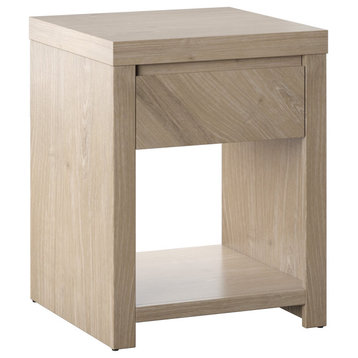 Modern Nightstand, Single Drawer With Cut Out Pull & USB Ports, Natural Oak