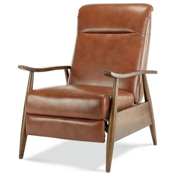 Classic Push Back Recliner Chair, Hardwood Frame With Faux Leather Seat, Caramel