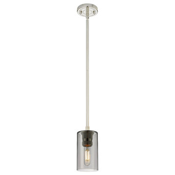 Crown Point 1 Light 7" Stem Hung Pendant, Polished Nickel, Plated Smoke Glass