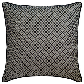 Grey & Black Silk Embroidered 24"x24" Throw Pillow Cover - Grey Dots Boudoir