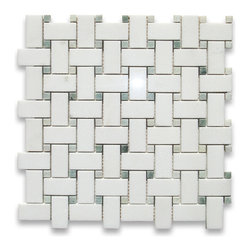 Stone Center Online - Thassos White 1 x 2 Basketweave Mosaic Tile w/ Green Dots Polished - Mosaic Tile