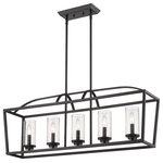 Golden Lighting - Mercer 5 Light Linear Pendant, Matte Black - With seeded glass and a contemporary finish, the simplicity of the Mercer Collection is suitable for transitional to modern interiors. Bold, graphic lines in matte black create the open cage design. The fixtures are available in multiple accent colors to match or contrast the smooth cages. The rod-hung construction and square canopy complete the clean, modern look. This 5-light linear pendant perfectly illuminates an elongated bar, dining table, or kitchen island. The generous frame also works well for a modern-loft look.