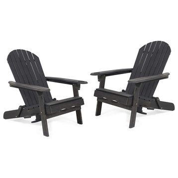Set of 2 Adirondack Chair, Acacia Wood Construction With Cup Holder, Dark Gray
