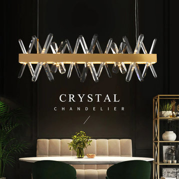Gold Rectangle Crystal Chandelier for living room, dining room, kitchen Island, 32.3"