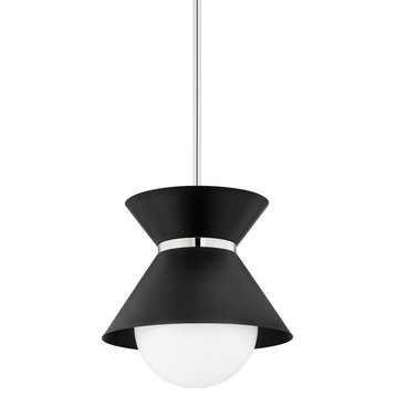 Scout 1-Light Pendant, Small, Black/Polished Nickel, Opal Shiny Shade