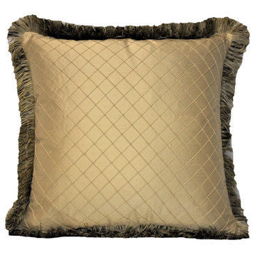 Solid Gold Silk Textured Pillow With Fringe, 17"x17"