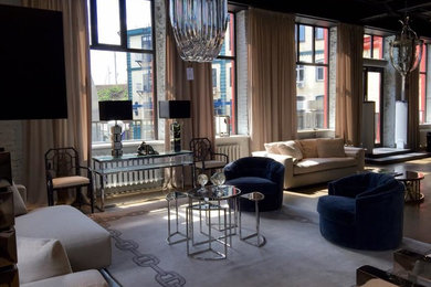 Свежая идея для дизайна: большая двухуровневая гостиная комната в современном стиле с серыми стенами - отличное фото интерьера