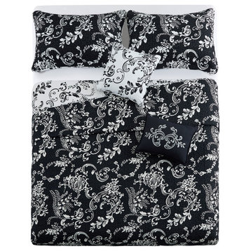 LA Boheme 5 Piece Printed Bed Spread Set, Black, Queen
