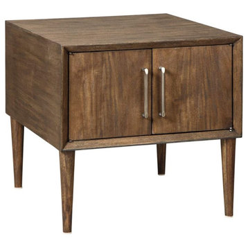 Midcentury Modern End Table, Tapered Legs & 2 Doors With Metal Pulls, Dark Brown