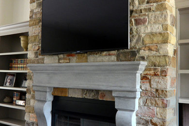 Living room - mid-sized modern formal dark wood floor living room idea in Tampa with a standard fireplace, a stone fireplace and a wall-mounted tv
