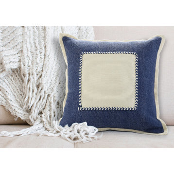 Ox Bay Hand-stitched Blue/White Bordered Organic Cotton Pillow Cover, 20"x20"