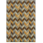 Newcastle Home - La Jolla Indoor and Outdoor Chevron Gray and Gold Rug, 5'3"x7'6" - La Jolla is a fresh new collection of neutral ivory and cocoa with cool grays and blues and pops of bright gold. It is made of a machine-woven quality of easy-care polypropylene and the textural loop construction adds much surface interest. The colors are on trend with many new fabrics in today's market; from outdoor furniture to indoor throw pillows, they will add a touch of color and casual sophistication to any space.