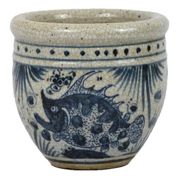 Vintage Style Blue and Antiqued White Fish Motif Porcelain Pot 5"
