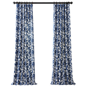Fleur Blue Printed Cotton Twill Curtain Single Panel, 50"x 108"