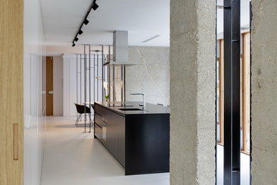 Imagen de cocina lineal minimalista abierta con fregadero bajoencimera, armarios con paneles lisos, puertas de armario negras, encimera de granito, electrodomésticos negros, suelo de cemento, una isla, suelo blanco y encimeras negras