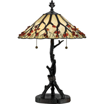 Tiffany Table Lamp Tree Branch Base Organic Stained Glass Shade Agate Stones 17