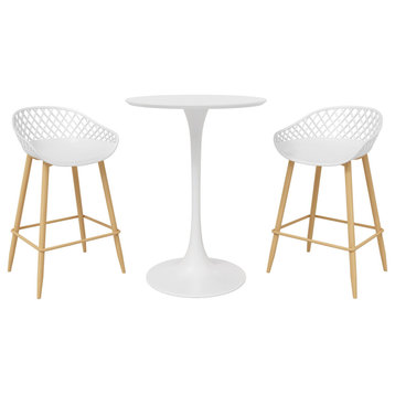 3 Pieces Counter Pub Set, Round Table & 2 Stools With Unique Curved Diamond Back