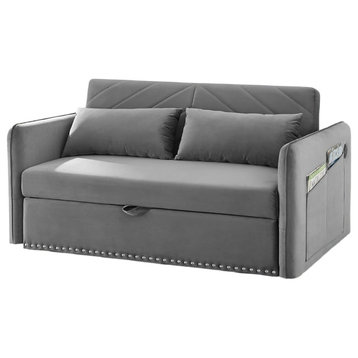 Modern Sleeper Sofa, Padded Upholstery With Pillows & USB Charging Ports, Gray