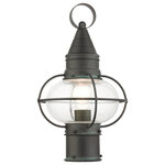 Livex Lighting - Charcoal Nautical, Farmhouse, Bohemian, Colonial, Outdoor Post Top Lantern - The Newburyport outdoor medium single-light post top lantern boasts classic nautical and railway styling. This piece features a beautiful hand-blown clear glass globe and a charcoal finish over the hand crafted solid brass construction. With its easy installation and low upkeep requirements, this light will not disappoint.