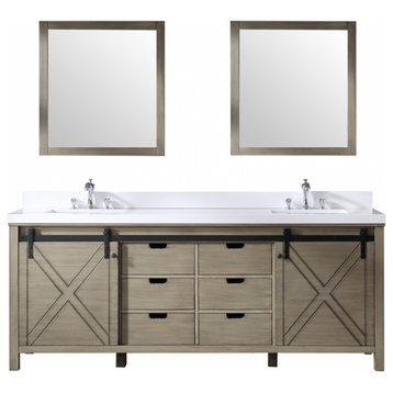 84 Inch Ash Gray Double Sink Bathroom Vanity Barndoors, White Quartz, Mirror