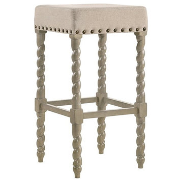 Pemberly Row Retro Solid Wood 30" Bar Stool in Weathered Gray and Linen