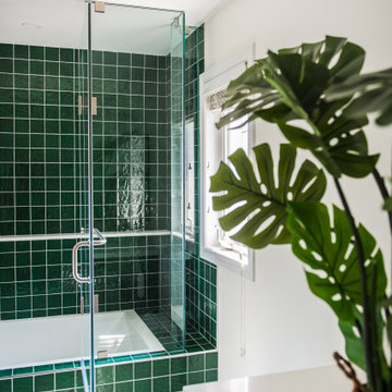 Vibrant Green Ceramic Tiles Bring Life to a Hallway Bathroom