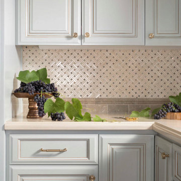 Country Chic Kitchen With Crema Marfil Backsplash Tile
